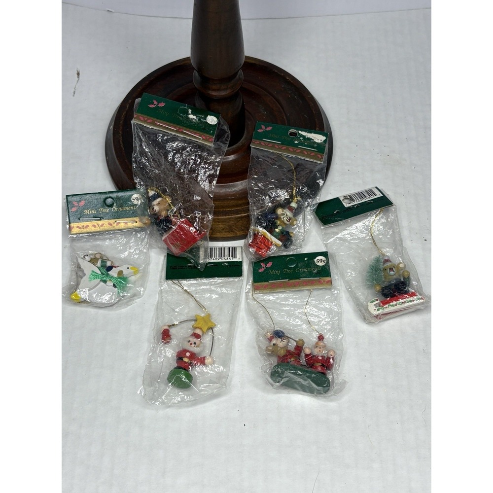 Lot Of 6 New NOS Vintage Mini 2" Wood Christmas Tree Ornaments